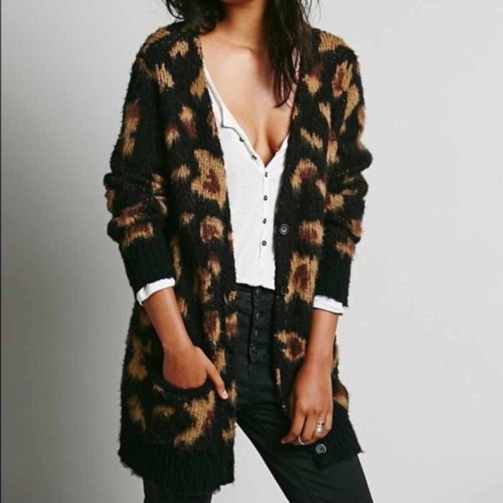 Free People XS Black Leopard Cardigan
